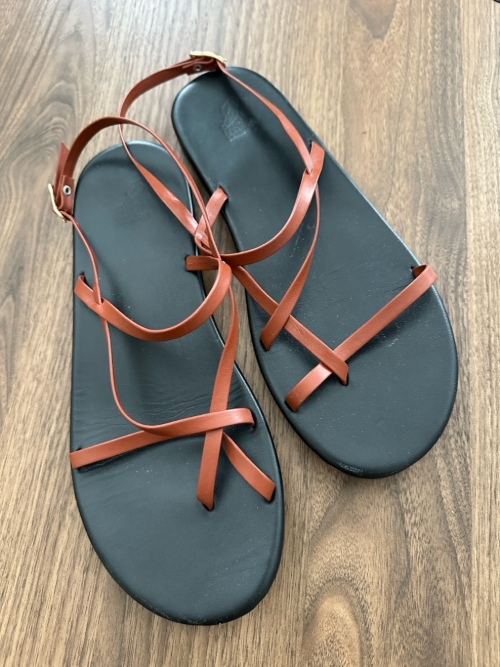 Ancient Greek Sandals Black Footbed with Brown Leather Straps